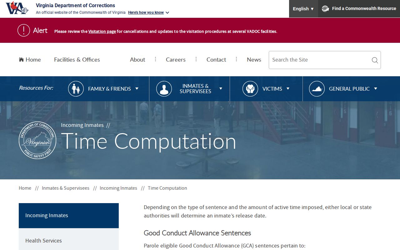 VADOC time computation source for Harrisonburg projected release dates