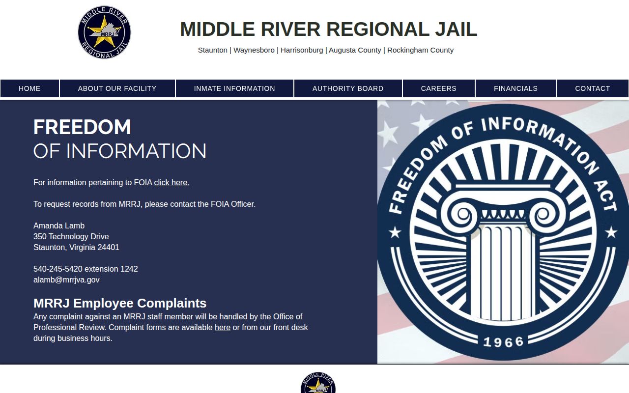 Middle River Regional Jail FOIA route for Harrisonburg booking photos