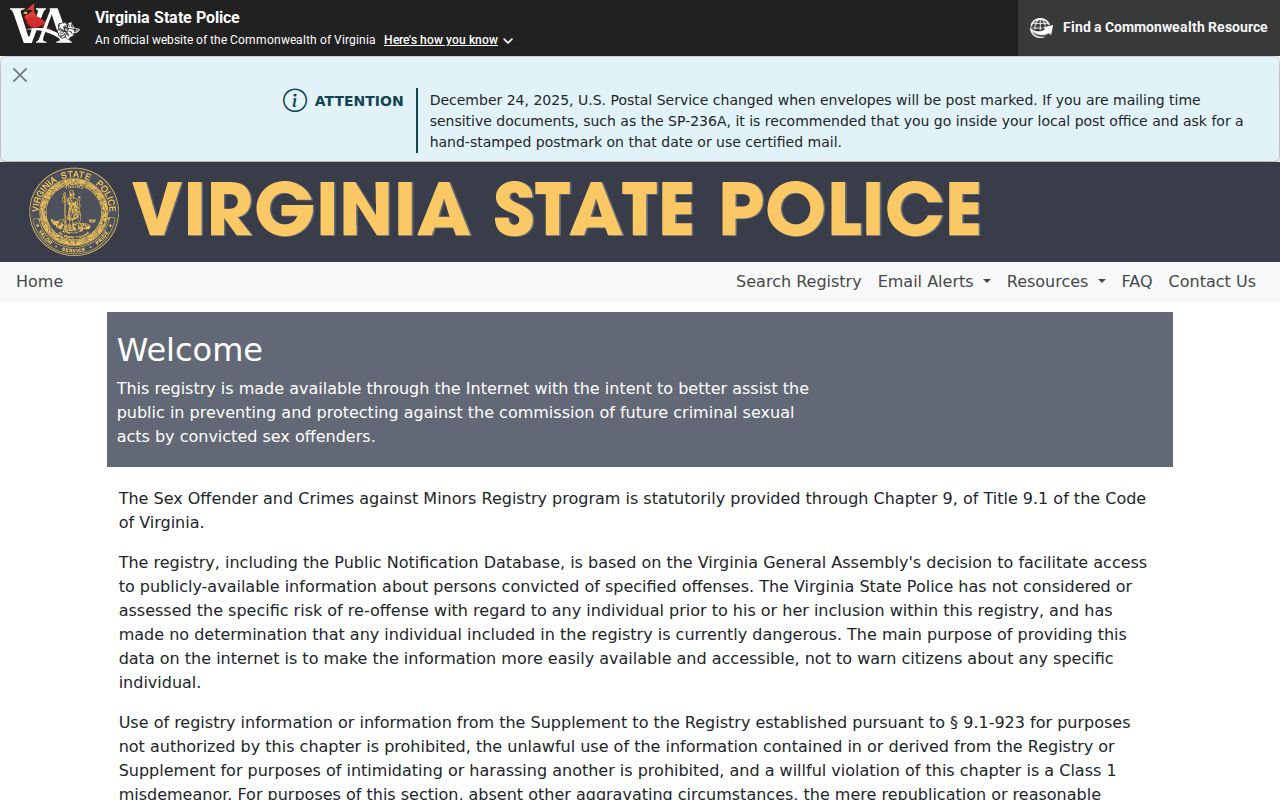 Virginia State Police registry source for limited Harrisonburg released inmate photos
