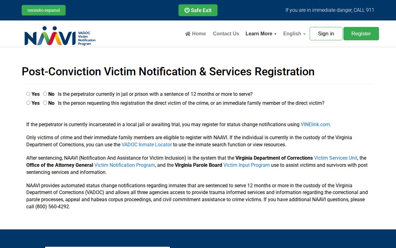 Virginia NAAVI state-prison victim notification registration screen