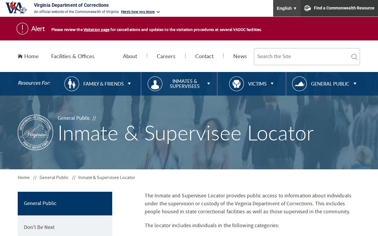 VADOC locator form used for Harrisonburg County released inmate searches